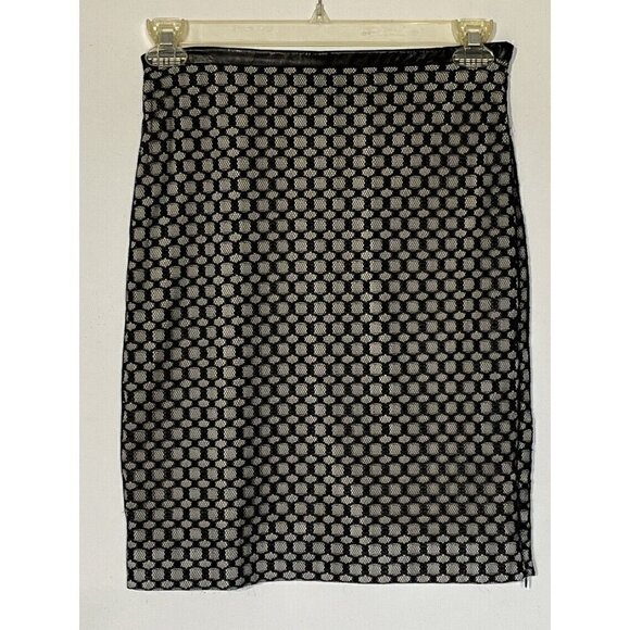 Diane Von Furstenberg DVF Black Tan Lace Lamb Leather Trim Pencil Skirt - Picture 3 of 11
